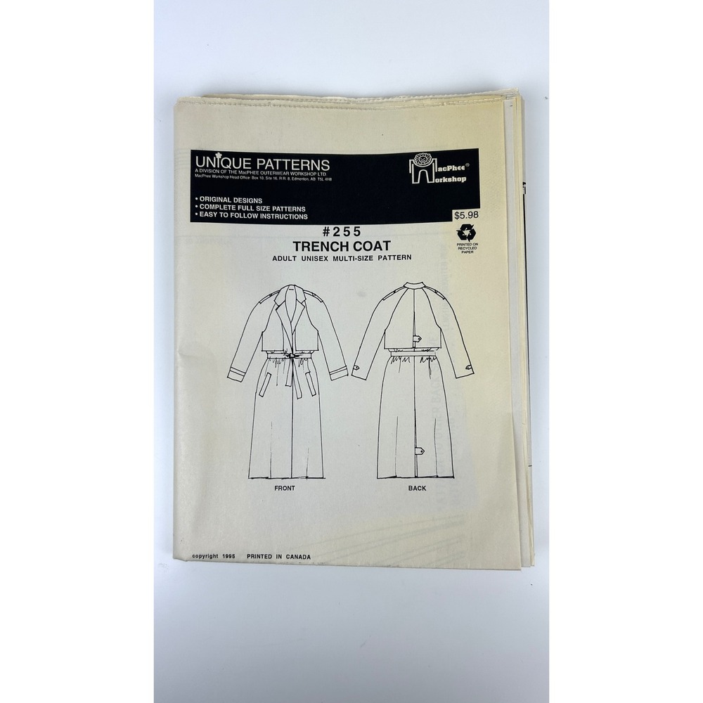 Vintage Trench Coat Sewing Pattern Unisex‎ Multi Size Coat Unique #255